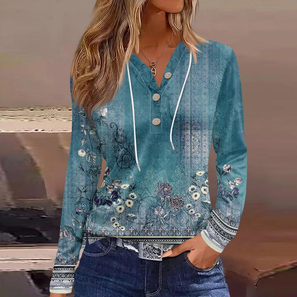 Жен. Футболка Футболка Пуговицы Цветочный принт Длинный рукав Повседневные Выходные Мода Классический Классический V-образный вырез Обычный Топ