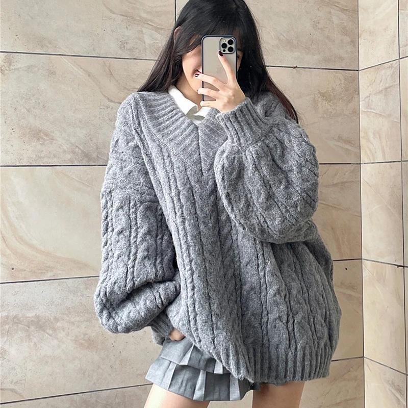 Корейские свободные зеленые свитера женские винтажные ленивые ветровки с V-образным вырезом милые вязаные пуловеры осенние повседневные свободные джемперы с длинным рукавом