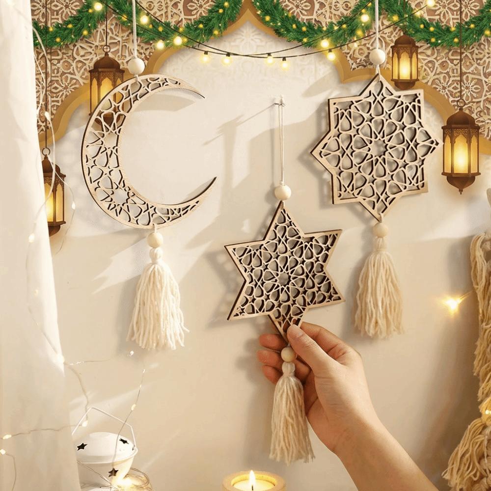 with Tassels Moon Star Hollow Mesh Wall Decor Wooden Handicraft Pendant  Ramadan Celebration