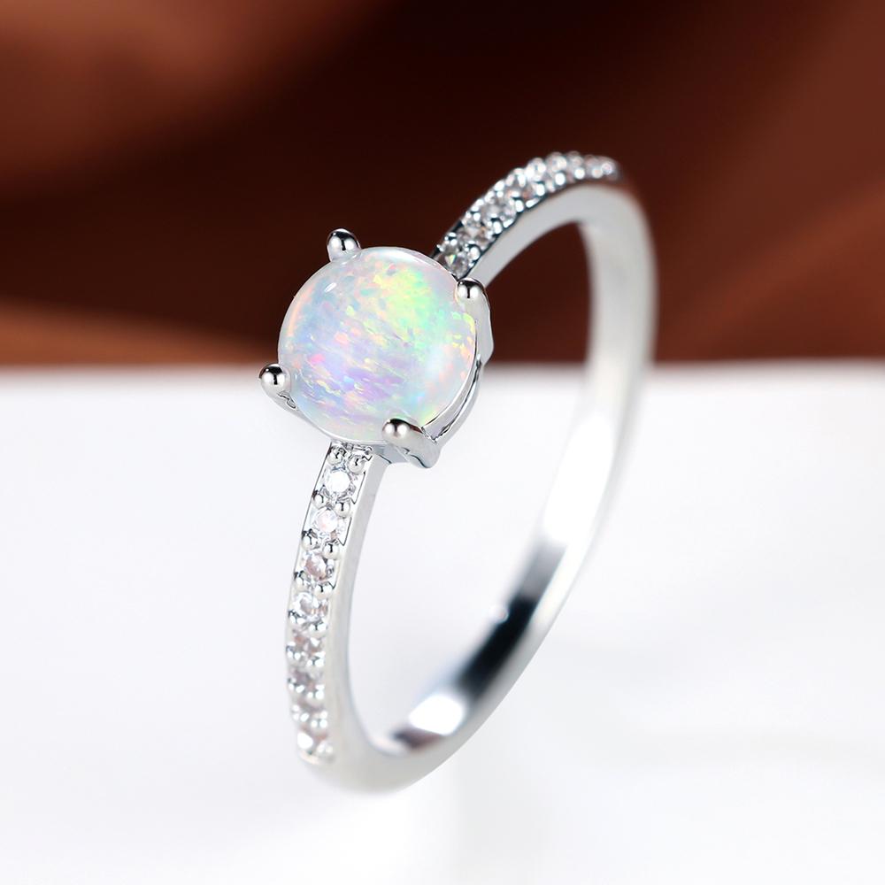 Silver Color Round Shiny Opal Finger Ring for Women Exquisite Charm Female Jewelry Fashion Accessories