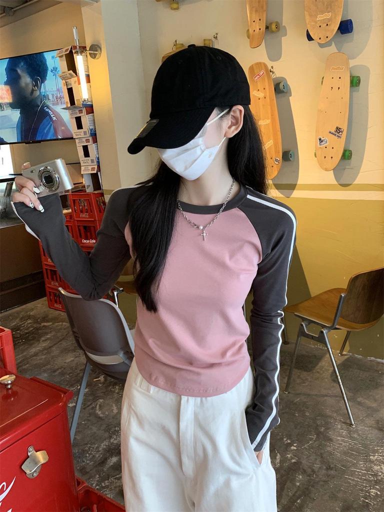 Женская ретро футболка с длинным рукавом реглан: Короткий топ для весны, осени, зимы