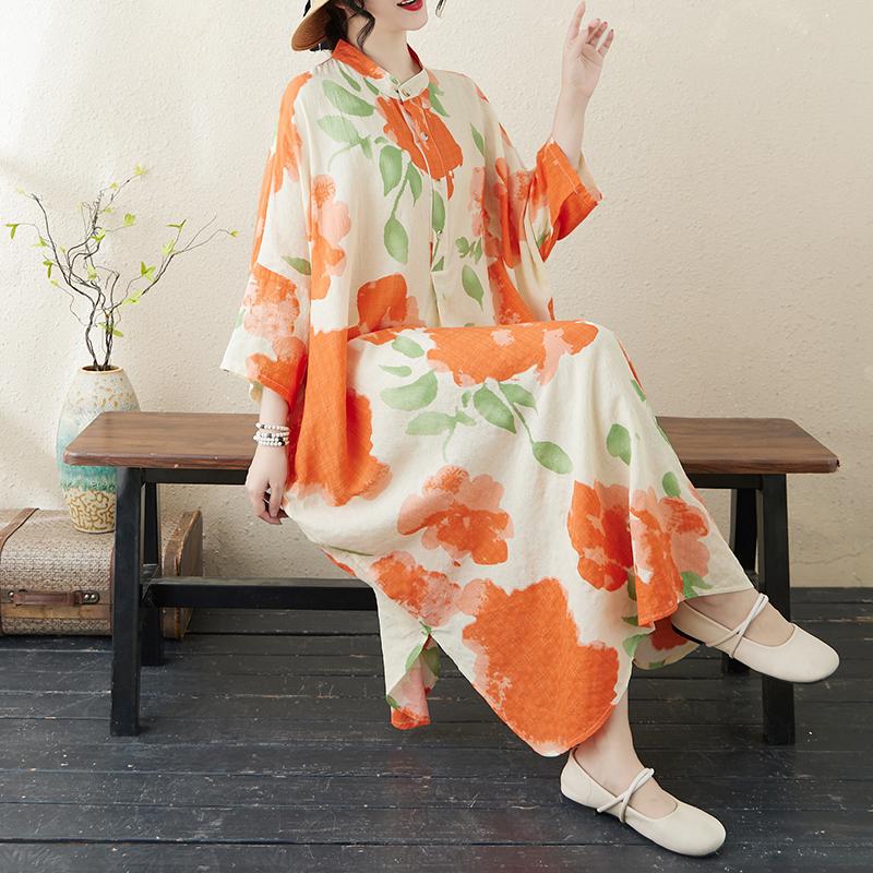 DIMANAF 2025 Женское Весеннее Длинное Платье Большого Размера Оверсайз Свободное Платье Базовое Повседневное Макси Цветочный Принт Винтаж