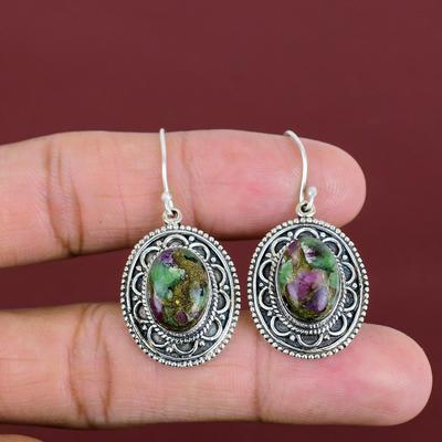 Серьги из медного рубина и цоизита, винтажные серьги, ювелирные изделия ручной работы, серьги из стерлингового серебра 925 пробы, серьги с драгоценными камнями, подарки для мамы, ювелирные изделия с камнями по месяцу рождения