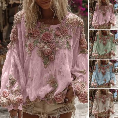 Женские топы V-образный вырез рукав-фонарик длинный рукав повседневная свободная рубашка 3D цветочный узор повседневная женская рубашка для ежедневной носки
