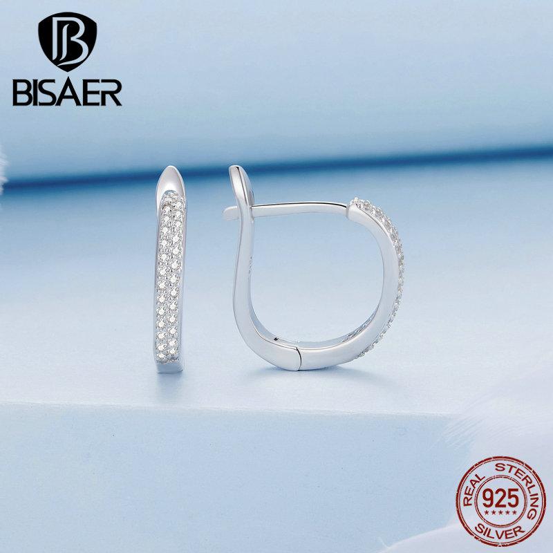 Bisaer 925 Sterling Silver Heart-shaped Ear Buckles Love Hoop Earrings Pave Setting CZ for Women Fine Jewelry Gift