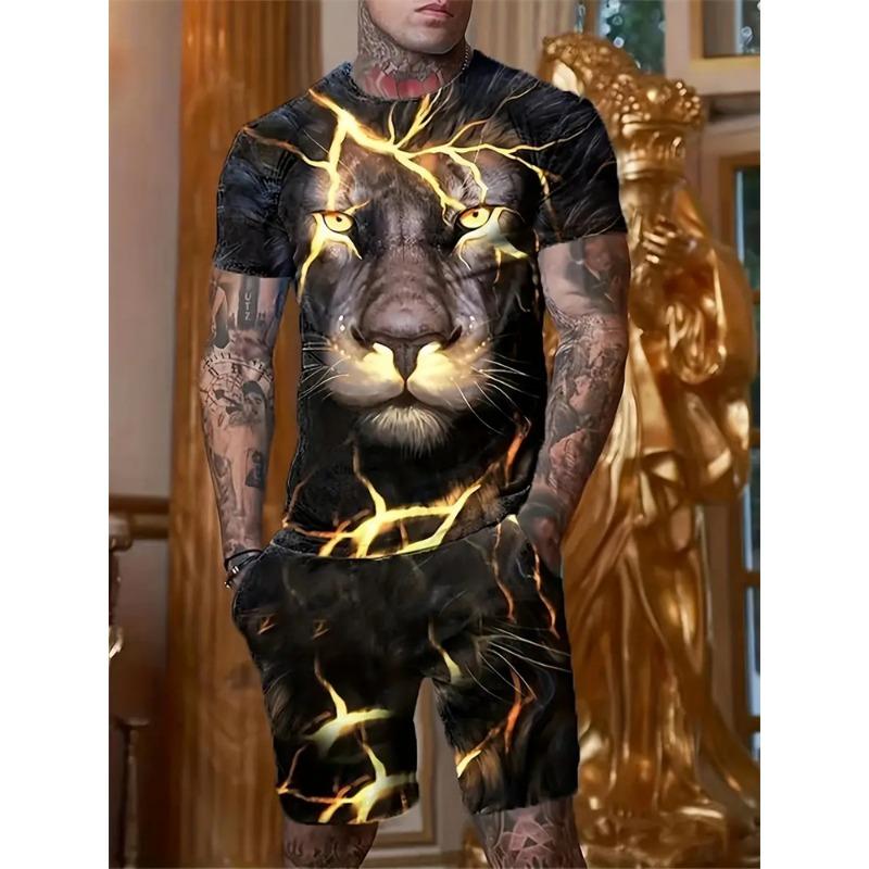 Спортивный костюм для мальчика с объемным принтом льва с короткими рукавами, для путешествий и отдыха, комплект из двух частей, одежда больших размеров, детский комплект