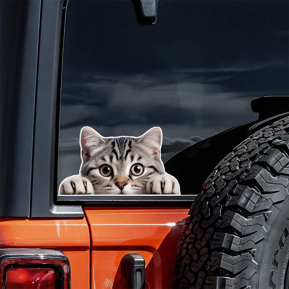 2-Pack Peeking Cats Sticker, Cute Gray Tabby Kitten Vinyl Decal, Self-Adhesive Decal for Cars, Motorcycles, Laptops, Bumpers, Windows, Walls & Glass,
