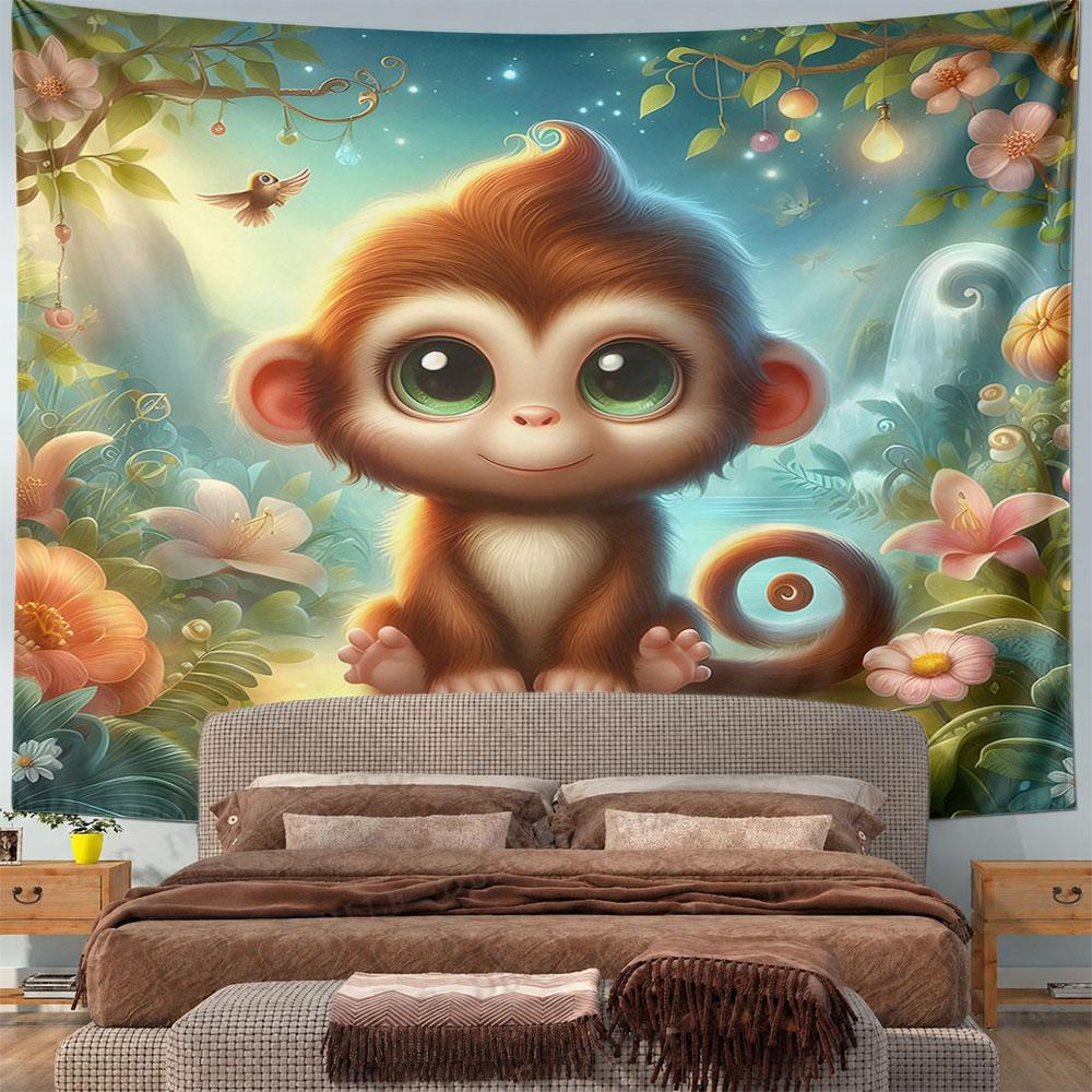 "Adorable Monkey in Enchanted Forest" Pattern Wall Hanging Tapestry Decorative Tapestry Home Decor for Bedroom and Living Room
