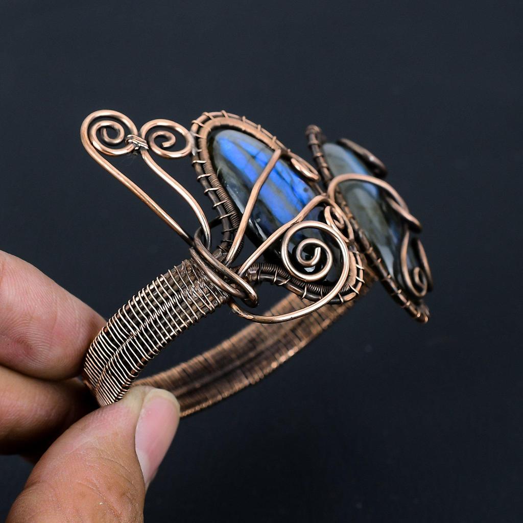 Лабрадорит, драгоценный камень, чистая медная проволока, завернутая в манжеты/браслет ручной работы, ювелирные изделия для нее