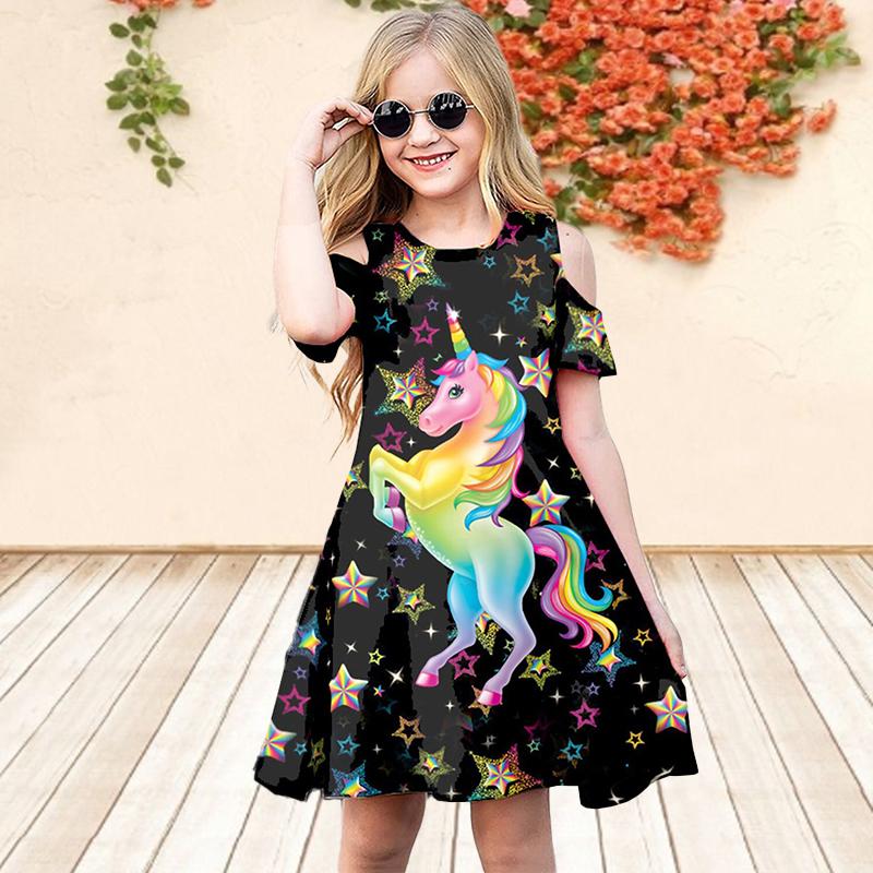 Girls Floral Pink Horse Print Dresses Kids Girl Party Off Shoulder Dress Princess Dress Short Sleeved Dress Over Four Years Old