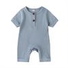 Newborn Baby Short Sleeve Romper Knit Ribbed Solid Color Cotton Jumpsuits One Piece O-Neck Button Pajamas Playsuit