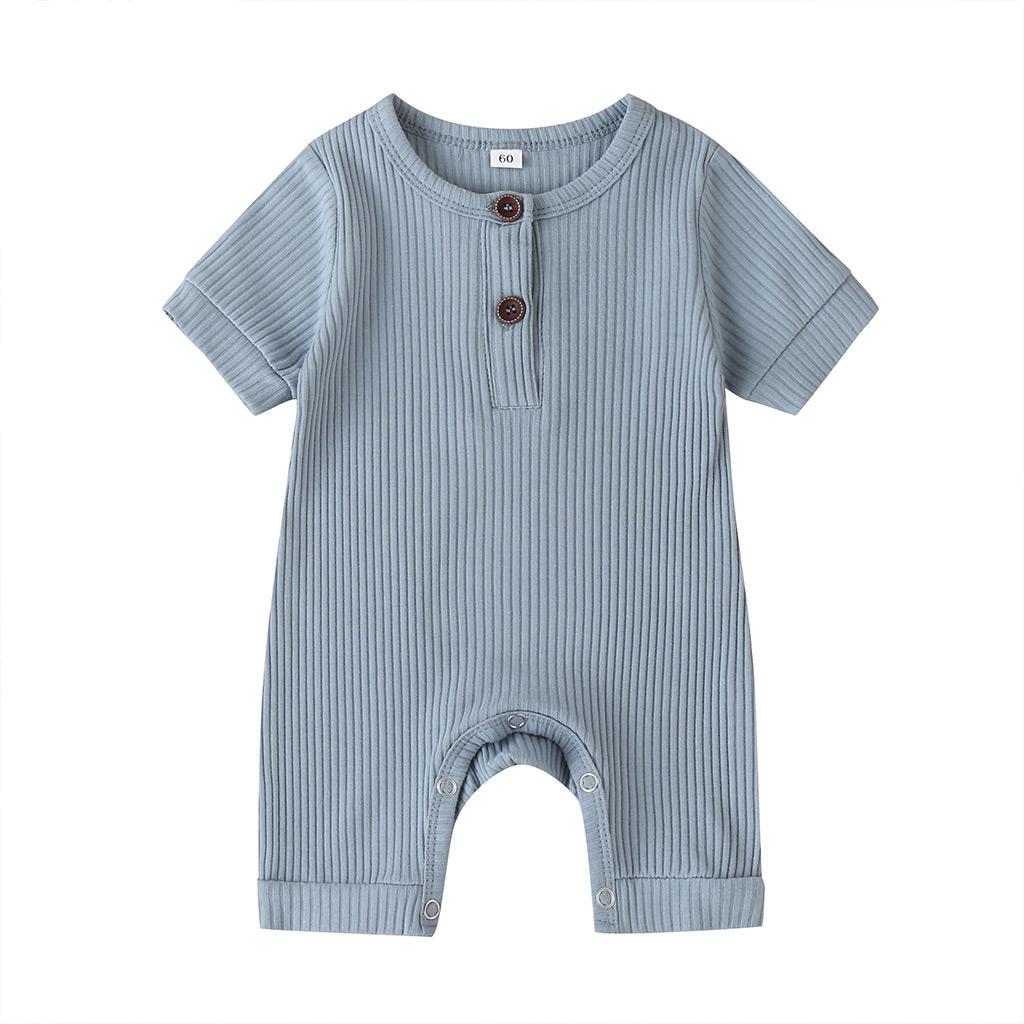 Newborn Baby Short Sleeve Romper Knit Ribbed Solid Color Cotton Jumpsuits One Piece O-Neck Button Pajamas Playsuit
