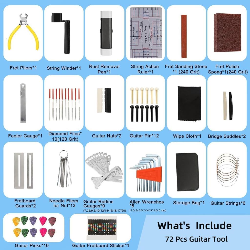 Набор инструментов для ремонта гитары 72 шт. Набор инструментов для обслуживания гитары для гитары, укулеле, бас-гитары, банджо, инструменты лютье, набор инструментов для ремонта гитары