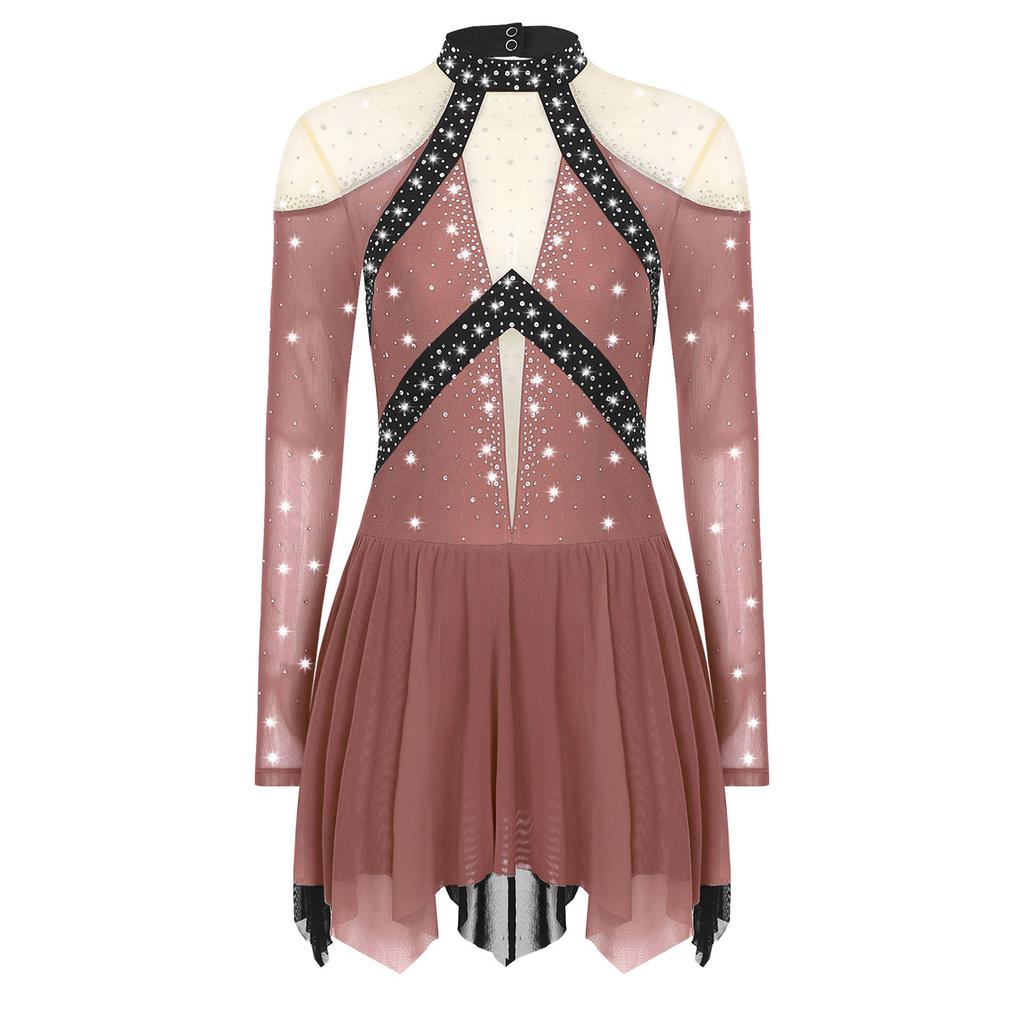 Женское платье для лирического танца, дизайн колор-блок, полупрозрачная сетчатая вставка, блестящие стразы, асимметричная танцевальная одежда