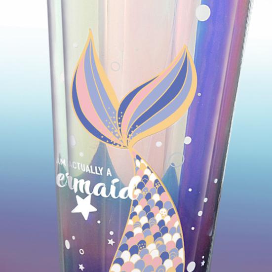 Стакан для воды 420 мл с соломинкой, двухстенный, с термоизоляцией, не содержит БФА, герметичный, пластиковый, с рисунком русалки, поильник для школы