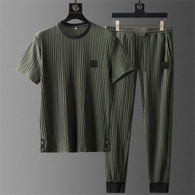 Summer Large Size Casual Stretchy Pleats Shirt and Trousers 2 Pcs Tracksuit