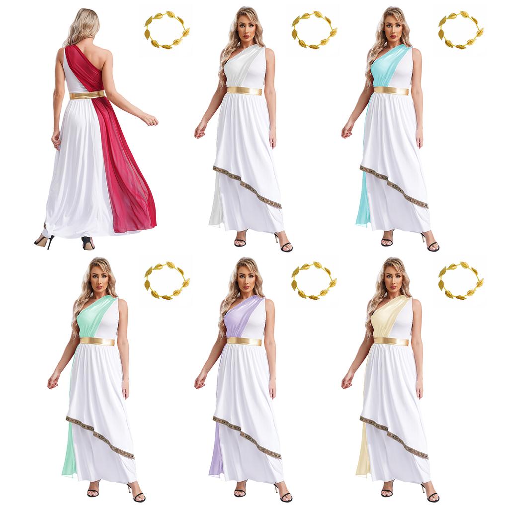 Womens Ancient Greek Dance Dress One Shoulder Chiffon Overlay Vintage Trim Tunic Dress Artificial Leaf Garland Headwear