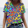 2025 Летние футболки с V-образным вырезом и ярким принтом для женщин, 3D цветочная эстетика, повседневные топы оверсайз, модный Харадзюку
