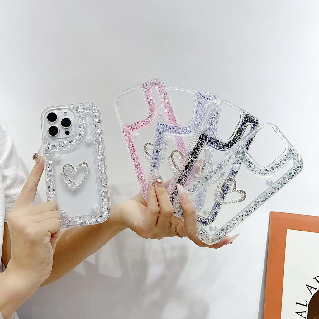 For iPhone 16 Pro Case with Pearl/Dual Heart Decor Glitter Rhinestone Epoxy Design TPU Phone Cover
