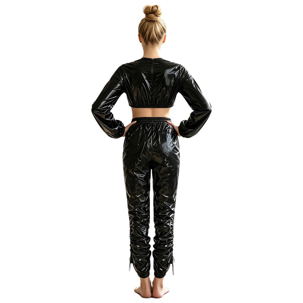 Waterproof Vinyl Long Sleeve Crop Top and Elastic Waist Capri Pants Set with Back Zipper Side Drawstrings for Women Fitness Workout