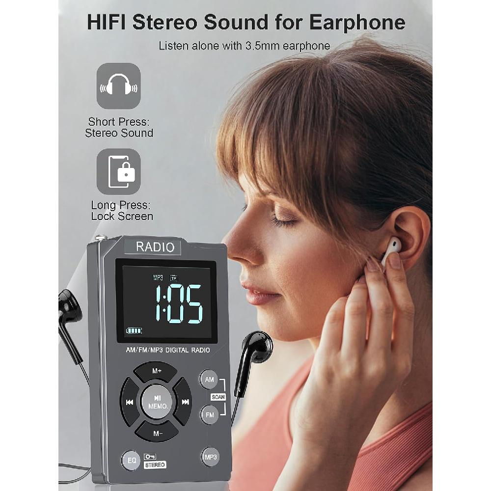 Цифровое AM FM-радио Портативное карманное радио, перезаряжаемый Walkman-радио на 600 мАч со стереонаушниками, поддержка TF-карты, большой ЖК-экран и экран блокировки