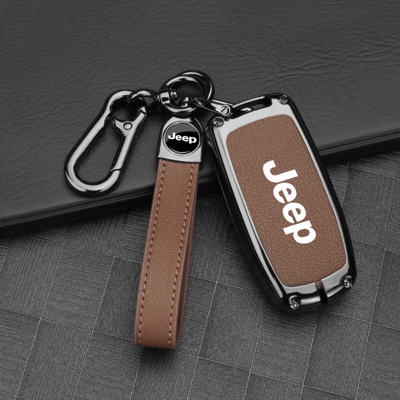 Zinc Alloy Leather Car Key Case for Jeep Grand Cherokee WK2 Wrangler JK Commander Renegade Compass Auto Accessories