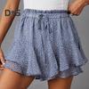 Женские шорты с высокой талией, мини-юбка с оборками, эластичный пояс на шнурке, струящиеся летние шорты из шифона в стиле бохо с цветочным принтом