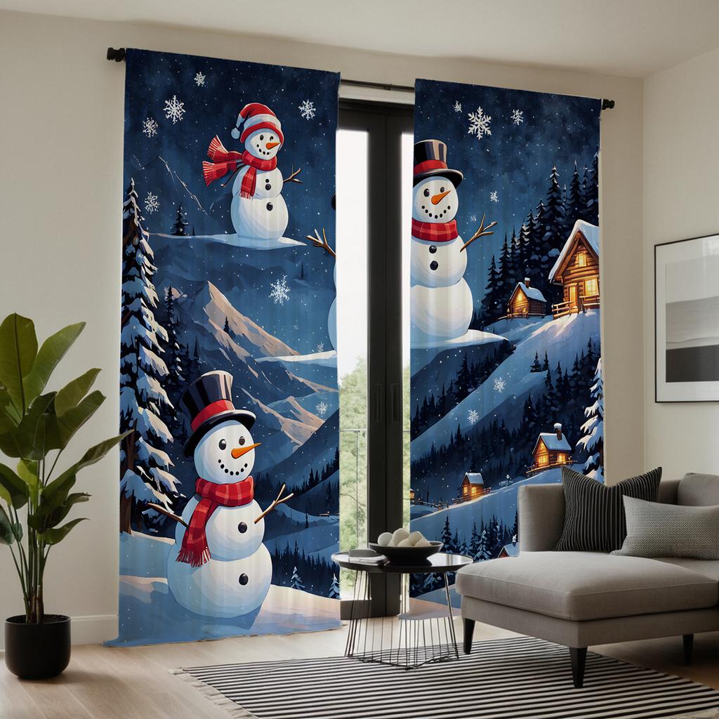2 шт. HD Рождественская снежная горная сельская занавеска со снеговиком, белая занавеска с цифровой печатью, украшение для дома, стиль decorati