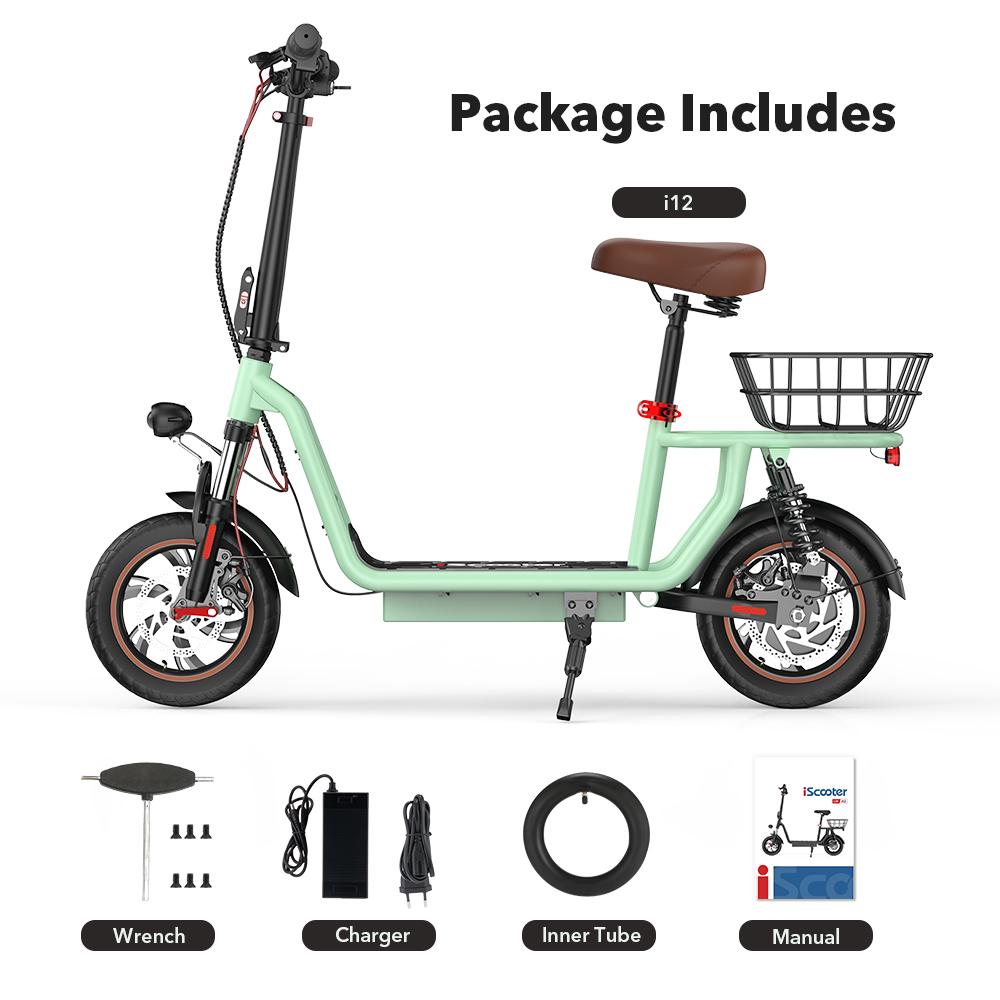 iScooter Urban Electric Scooter with Seat & Basket, 500W & 36V7.5Ah, 12" Road Tires & Dual Disc Brakes, LED Display & Full Suspension E-Scooter