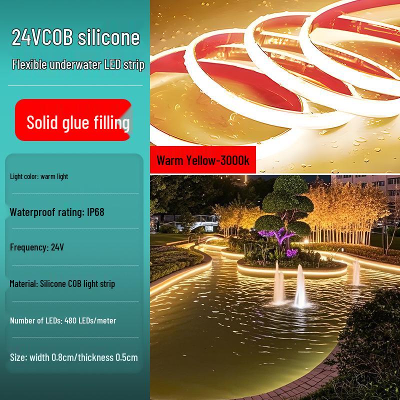 Водонепроницаемая низковольтная IP68 силиконовая COB светодиодная лента 24В/12В, подводная, самоклеящаяся, гибкая для наружного использования.