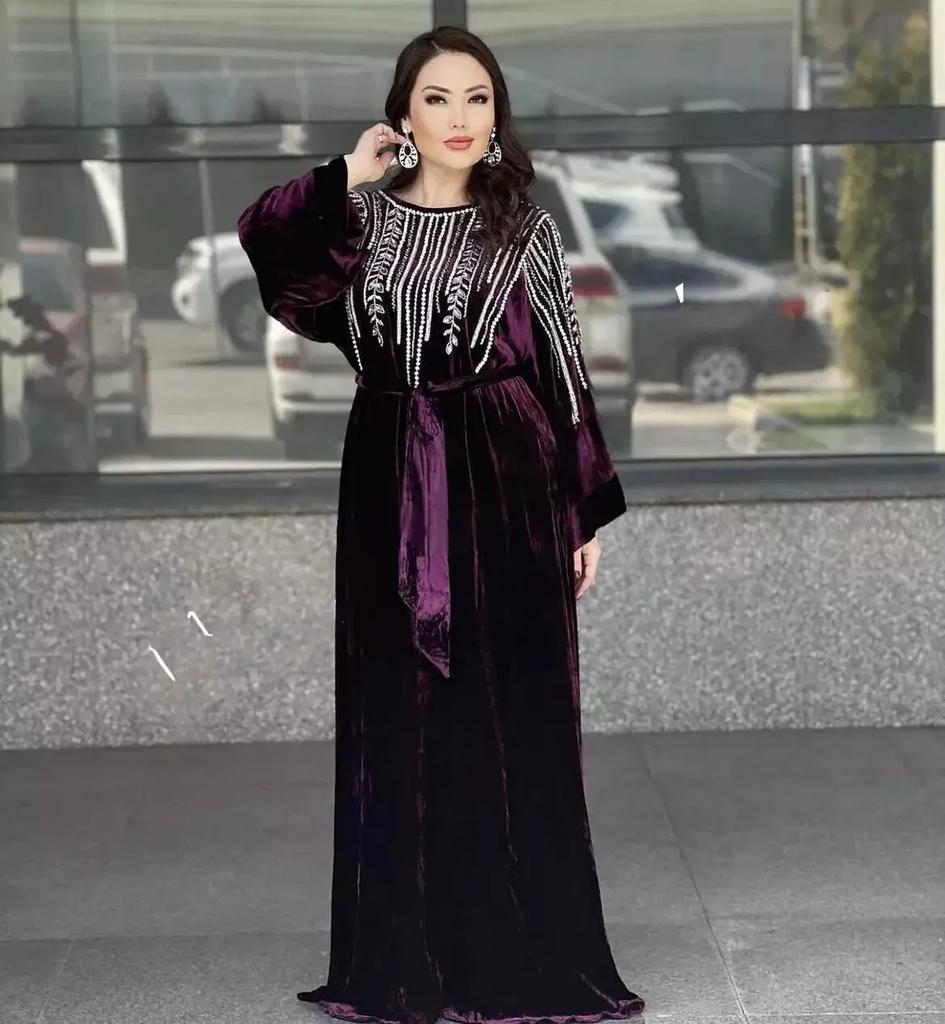 Stylish Long Moroccan Dubai Farasha Wine Kaftan Hand Work Crystal Abaya Dress