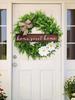 Artificial Green Leaves Spring Summer Wreath Floral Wreath with Burlap Bow and Wooden Sign for Front Door Window Hanging Wall Party Decorations