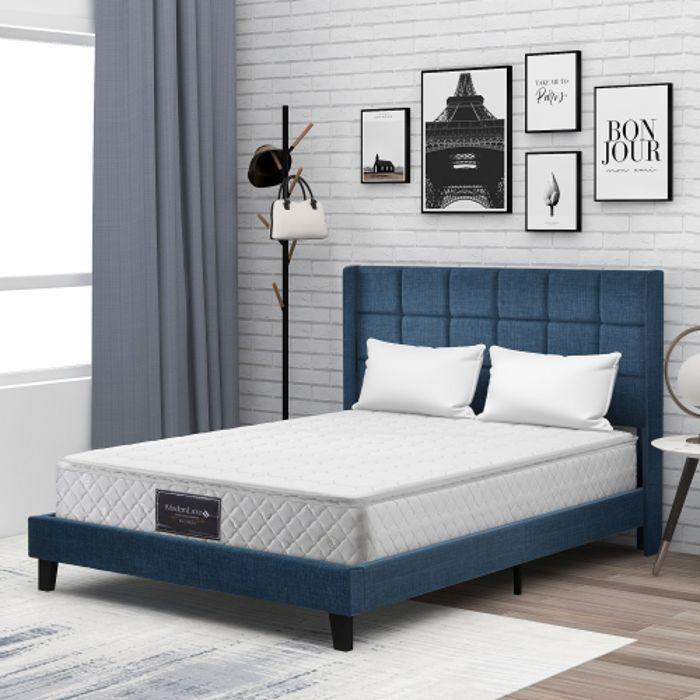 Lit - 140x200 cm - Tête de lit rembourrée - Bleu en lin - Matelas à ressorts inclus