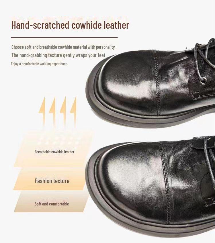 Men's Spring Leather Round-Toe Boots, Comfortable Wear-Resistant High-Top Shoes, Versatile British-Style Large-Size Mid-Top Martin Boots.