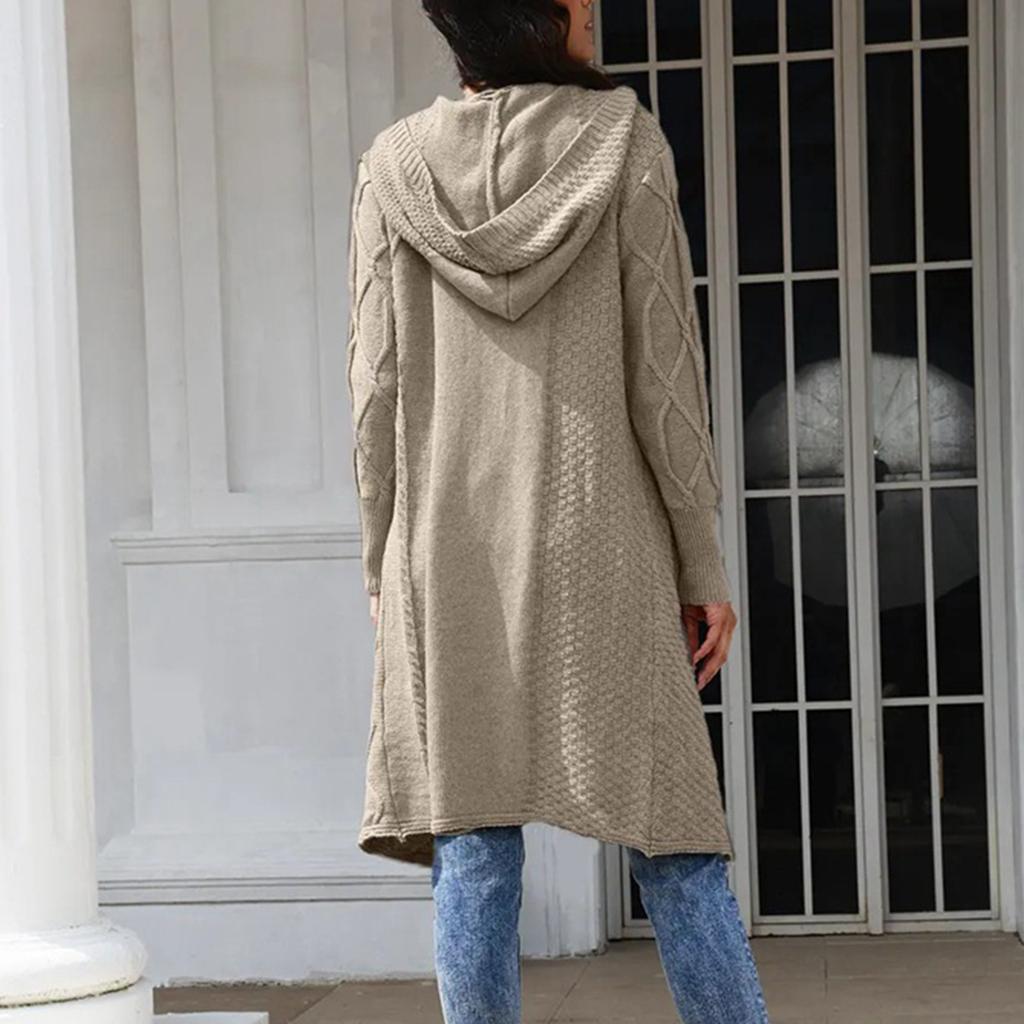 Женский свободный вязаный кардиган средней длины с капюшоном, пальто с косами