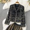 Fashion Suit Women's Small Fragrance Style V Neck Tweed Short Coat Plus High Waist Mesh Skirt Two Pieces