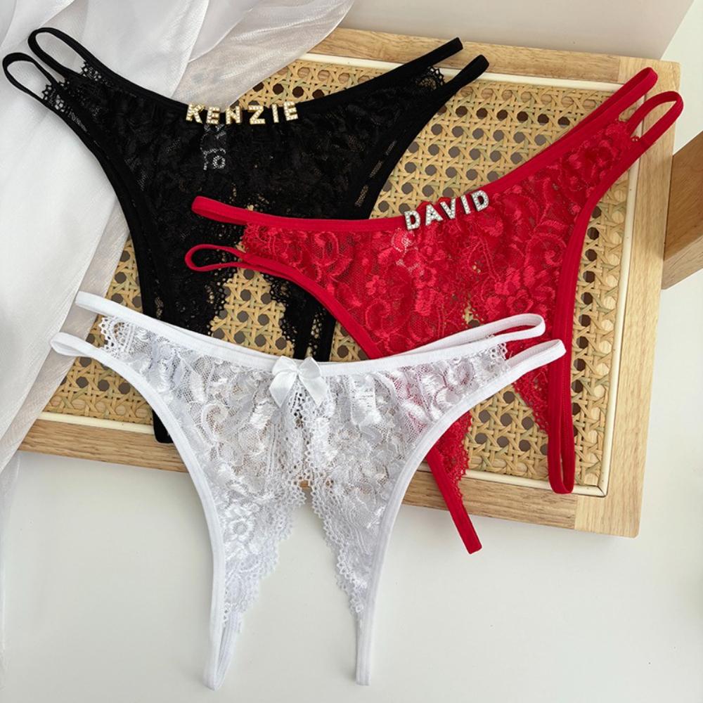 Custom Name Crystal Letter Briefs Sexy Lace Crotchless Knickers Hollow Waist Panties Open Gear Underpants Girlfriend Wife Gift