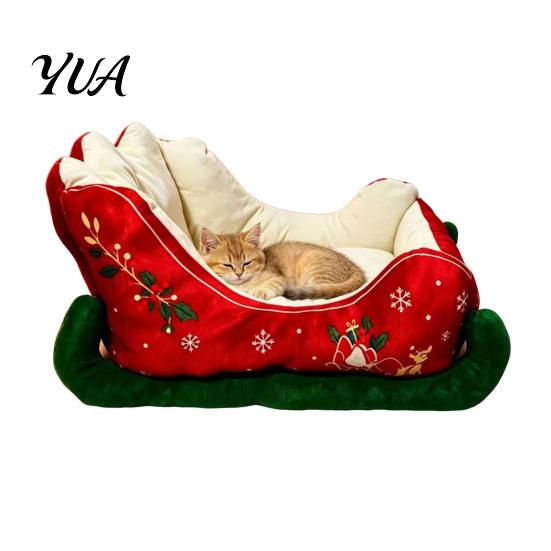 Soft Cotton Cat Bed Christmas Sleigh Shaped Pet Bed, Cozy Holiday Dog Sofa Anti?Slip Base Decorative Cushion, Washable Sleeping for Small