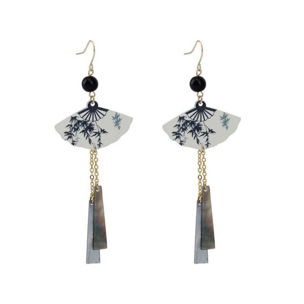 Leaf Fan Shaped Drop Earrings Tassel Exaggerated Long Earrings Chinese Style Earrings  Party