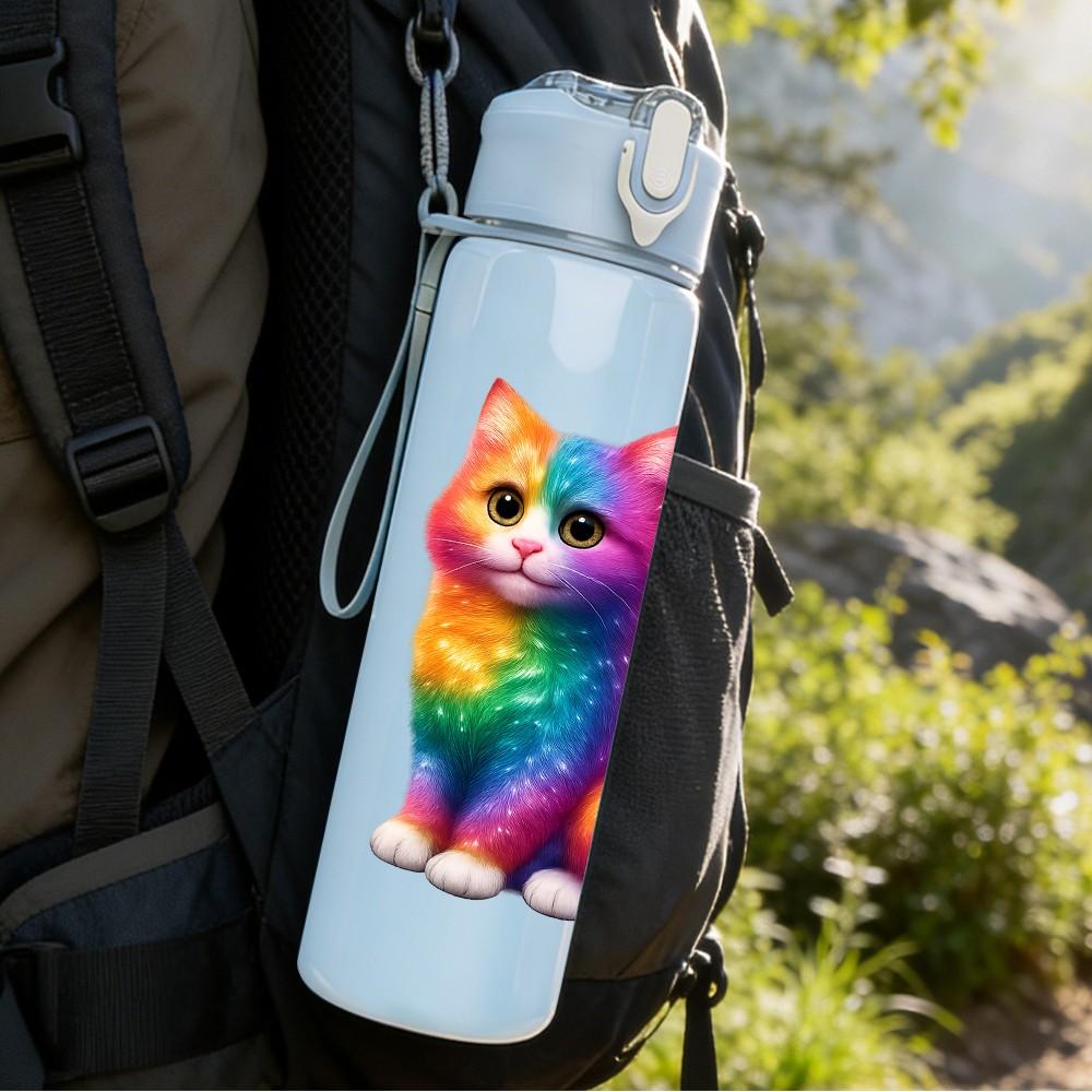 1PC Rainbow Fluffy Cat Art 750ml Color Plastic Sports Water Bottle Leakproof Flip Straw Lid Suitable for Sports Office Home Use