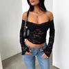 Y2K Сексуальная футболка с длинным рукавом Кружевная Женская с одним плечом Полая Приталенная Топ