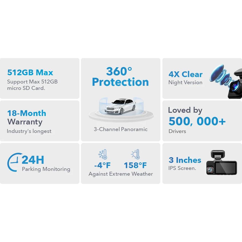 REDTIGER 3 Channel Car Camera 4k Dash Camera for IR Night Vision Car Dvr for 5G WiFi Triple Car Cameras Built-in GPS WDR