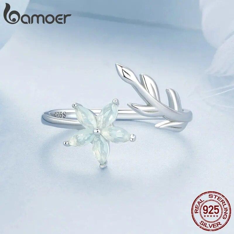Bamoer 925 Sterling Silver Exquisite Flower Opening Ring Leaf Adjustable Ring for Women Birthday Gift Fine Jewelry