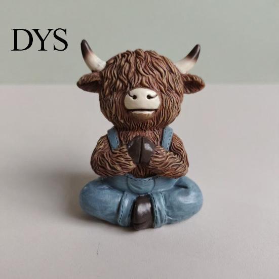 Yoga Pose Animal Figurines Highland Cow Resin Figurine, Farmhouse Style Overalls Statues, Waterproof Meditation Sculptures Garden Ornament for Indoor