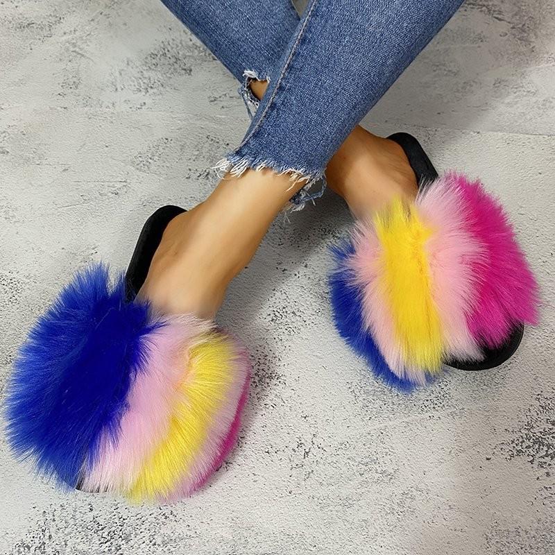 Women Faux Fur Slippers Trend Furry Fur Comfortable Slippers Plush Flats Sandals Casual Fluffy House Shoes Summer Slides Women