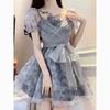 Puff Sleeve Fairy Elegant Dress Women Sweet Mesh Bow Ruffled Casual Dress Summer Square Collar Short Dresses Female 28136