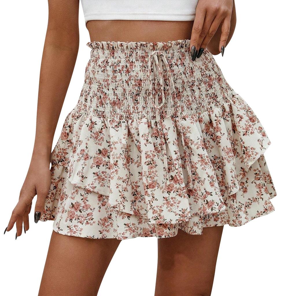 Женская модная юбка с цветочным принтом, плиссированная юбка, короткая юбка с рюшами и принтом