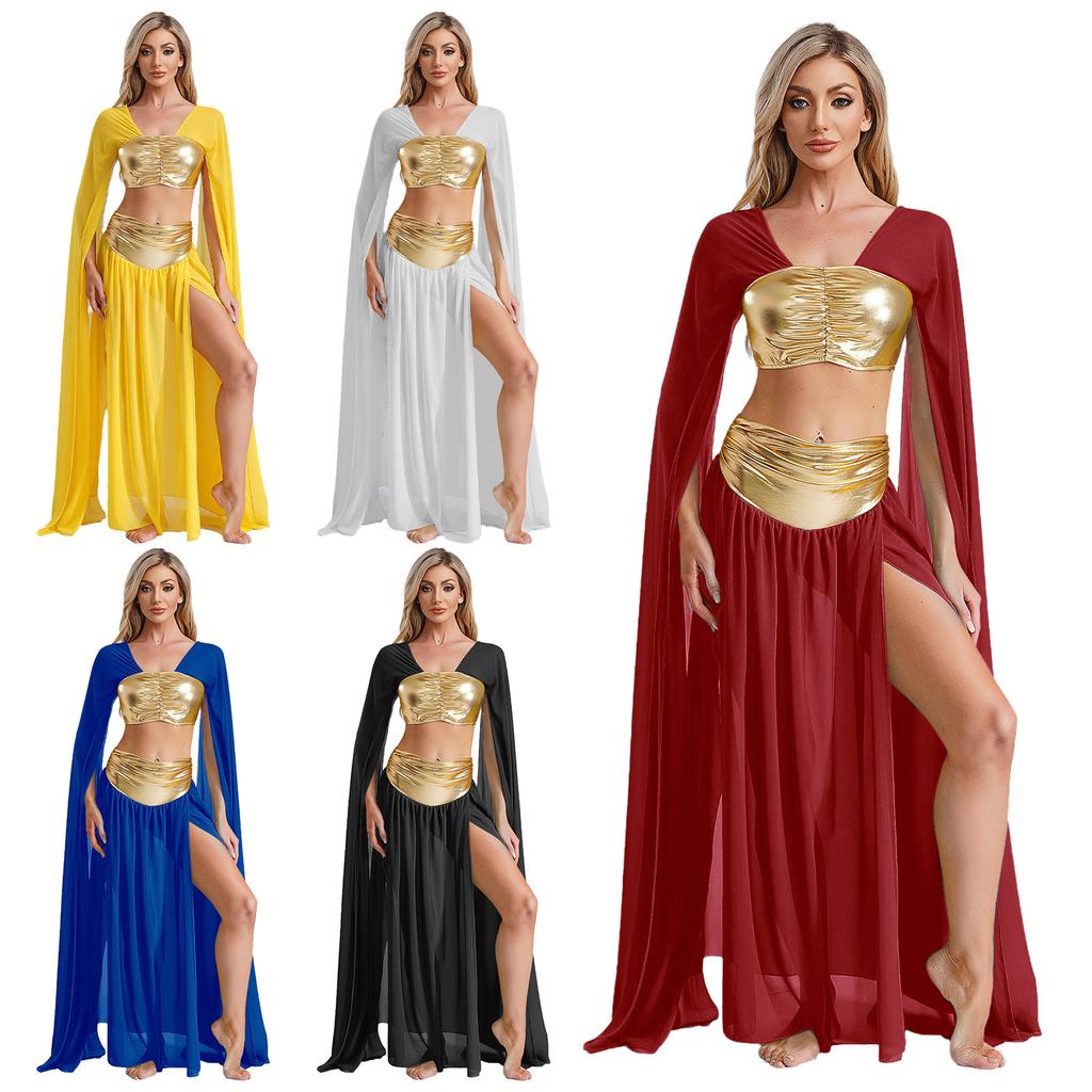 Womens Egyptian Cleopatra Costume Crop Top Split Chiffon Skirt Set Halloween Party Wear