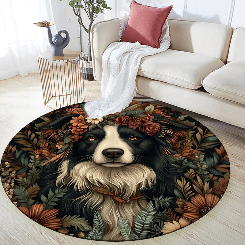 Border Collie and Plants pattern round rug,Carpet Rug for Living Room Bedroom Playroom ,Non-slip Floor Mat,Holiday Gifts and Birthday Gifts.