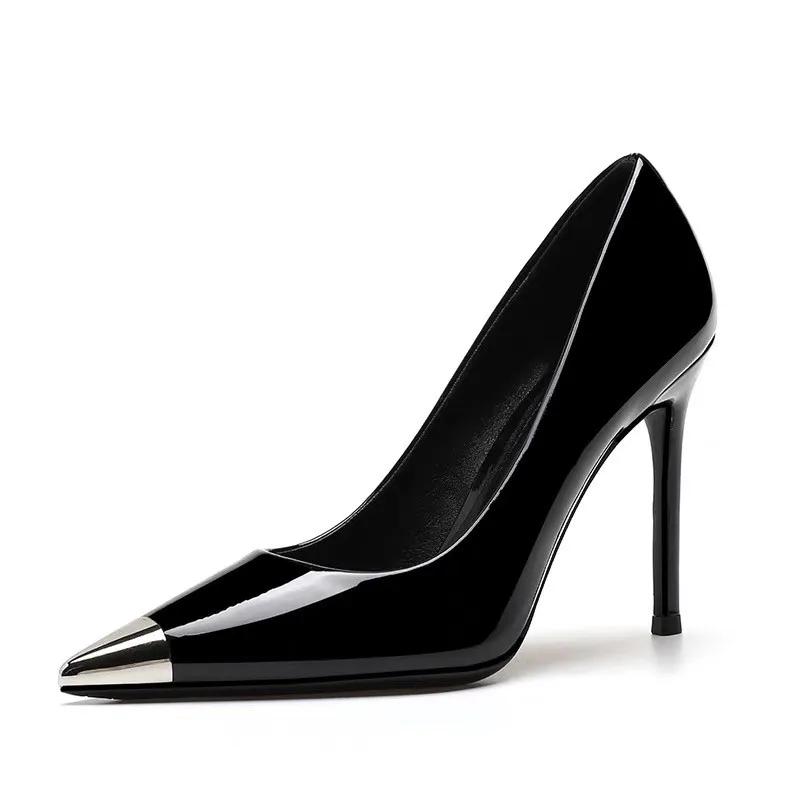 Модные Стильные и Универсальные Французские Мелкие Темпераментные Повседневные Туфли-лодочки с Заостренным Носком на Тонком Каблуке из Лакированной Кожи с Металлическим Носком